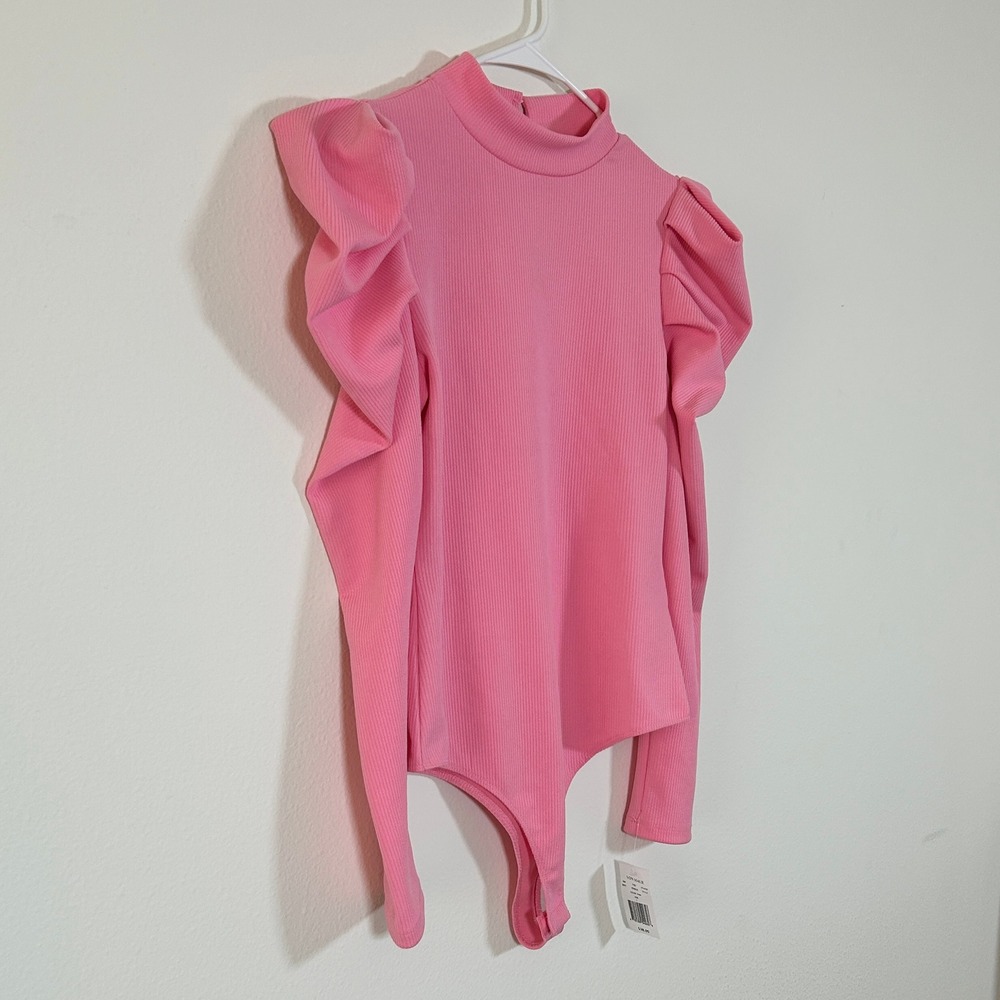 Von Maur I Pink Ribbed Puff Sleeve Long Sleeve Bodysuit I Size L I Mock Neck - Picture 3 of 10
